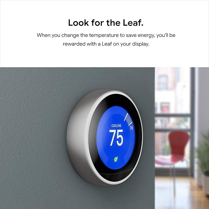 Nest Google T3007Es Learning Thermostat, 3Rd Gen, Smart Stainless Steel, Works With Alexa
