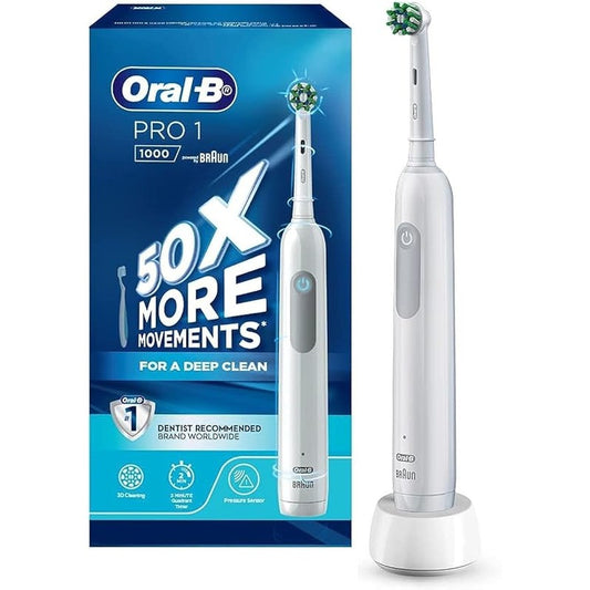 Oral-B Pro 1-1000 - 3D Cleaning, Pressure Sensor, Rechargeable Toothbrush with CrossAction brush head - White