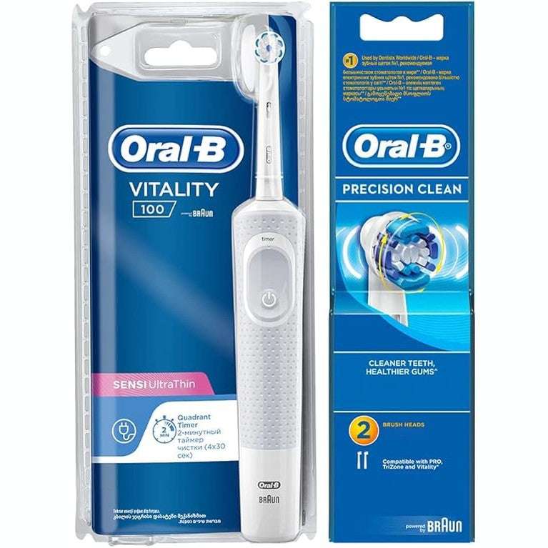 Oral B Vitality D100 CLS Sensi Ultrathin Rechargeable Toothbrush + EB 20-2 Brush Head Bundle