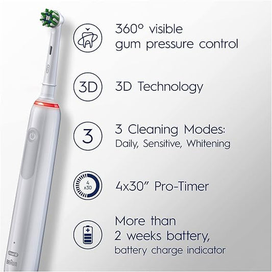 Oral-B Pro 3 Electric Toothbrush For Adults, 1 Cross Action Toothbrush Head, 3 Modes, Oral B Electric Toothbrush With Pressure Sensor, 2 Pin UK Plug, 3000, White