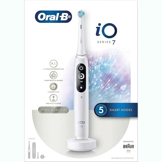 Oral-B iO7 Electric Rechargeable Toothbrush, 1 White handle with revolutionary magnetic technology, Black & White Display, 5 Modes, 1 Premium Travel Case