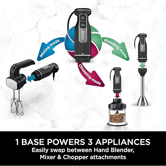 Ninja Foodi 3-in-1 Hand Blender, Hand Mixer & Chopper, Food Processor, 850W Powerbase, CI100EU
